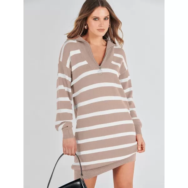 imageANRABESS Womens Casual Striped Sweater Dress Oversized Half Zip Knitted Long Sleeve Loose 2023 Fall Winter Short Mini DressApricot