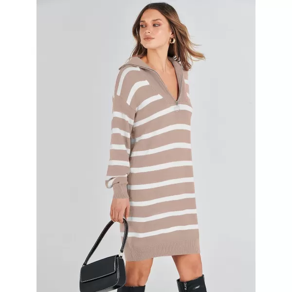 imageANRABESS Womens Casual Striped Sweater Dress Oversized Half Zip Knitted Long Sleeve Loose 2023 Fall Winter Short Mini DressApricot