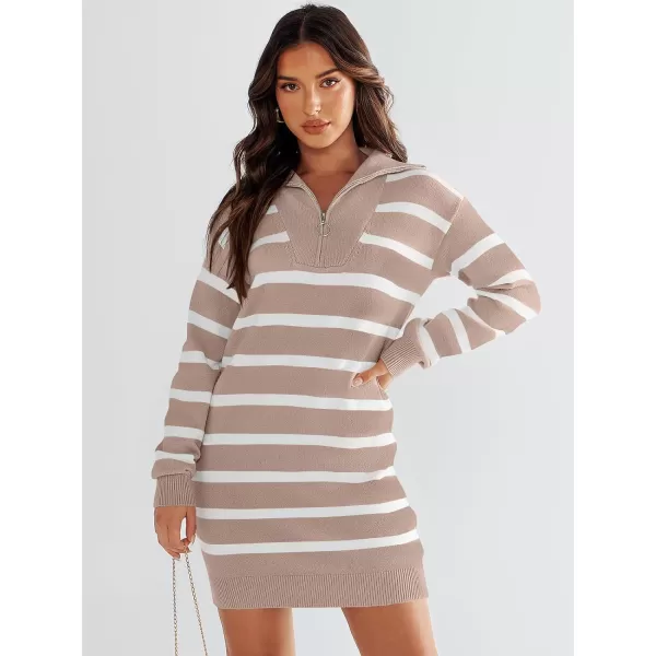 imageANRABESS Womens Casual Striped Sweater Dress Oversized Half Zip Knitted Long Sleeve Loose 2023 Fall Winter Short Mini DressApricot