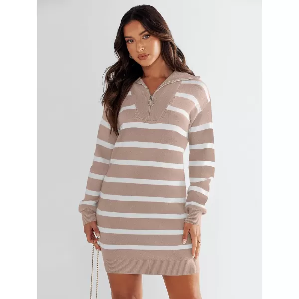 imageANRABESS Womens Casual Striped Sweater Dress Oversized Half Zip Knitted Long Sleeve Loose 2023 Fall Winter Short Mini DressApricot