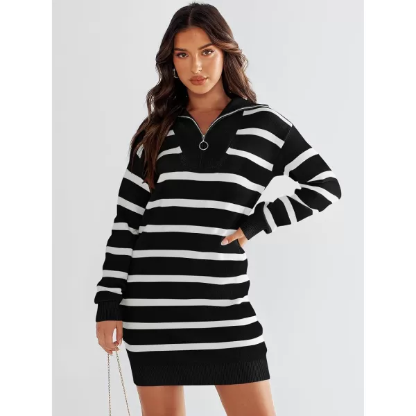 imageANRABESS Womens Casual Striped Sweater Dress Oversized Half Zip Knitted Long Sleeve Loose 2023 Fall Winter Short Mini DressBlack
