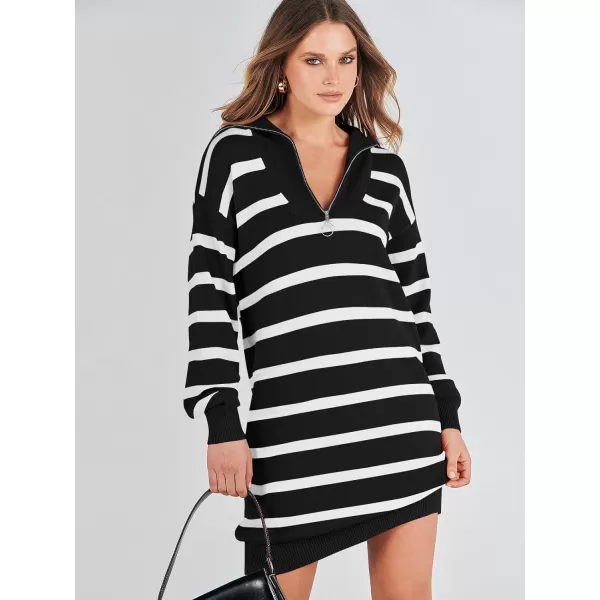 imageANRABESS Womens Casual Striped Sweater Dress Oversized Half Zip Knitted Long Sleeve Loose 2023 Fall Winter Short Mini DressBlack