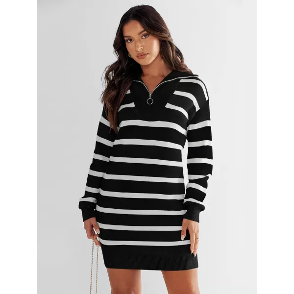 imageANRABESS Womens Casual Striped Sweater Dress Oversized Half Zip Knitted Long Sleeve Loose 2023 Fall Winter Short Mini DressBlack