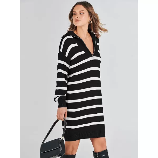 imageANRABESS Womens Casual Striped Sweater Dress Oversized Half Zip Knitted Long Sleeve Loose 2023 Fall Winter Short Mini DressBlack