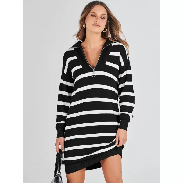 imageANRABESS Womens Casual Striped Sweater Dress Oversized Half Zip Knitted Long Sleeve Loose 2023 Fall Winter Short Mini DressBlack