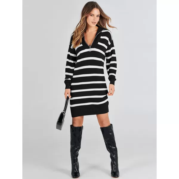 imageANRABESS Womens Casual Striped Sweater Dress Oversized Half Zip Knitted Long Sleeve Loose 2023 Fall Winter Short Mini DressBlack