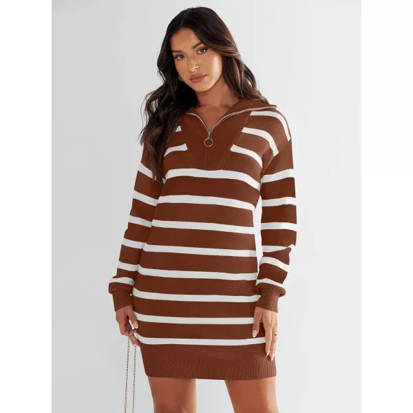 imageANRABESS Womens Casual Striped Sweater Dress Oversized Half Zip Knitted Long Sleeve Loose 2023 Fall Winter Short Mini DressCaramel