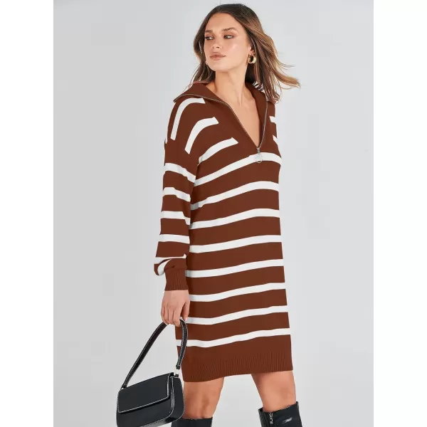 imageANRABESS Womens Casual Striped Sweater Dress Oversized Half Zip Knitted Long Sleeve Loose 2023 Fall Winter Short Mini DressCaramel