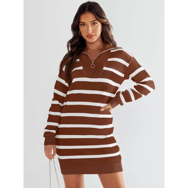 imageANRABESS Womens Casual Striped Sweater Dress Oversized Half Zip Knitted Long Sleeve Loose 2023 Fall Winter Short Mini DressCaramel