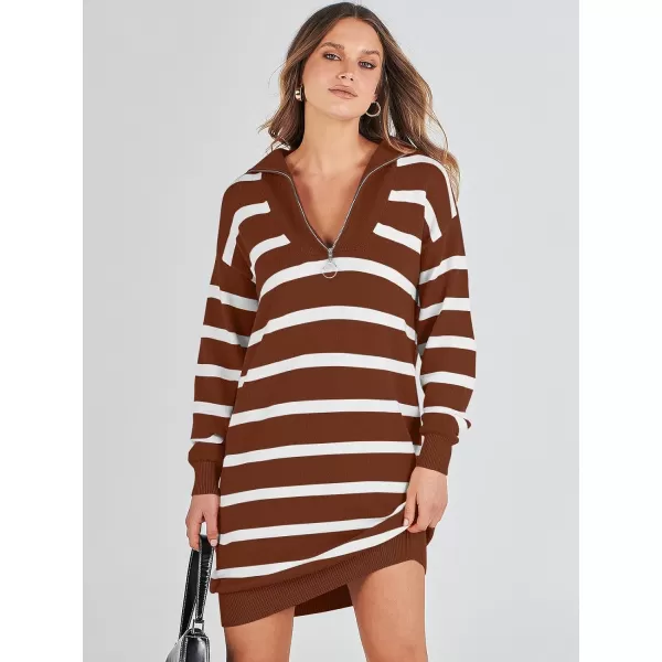 imageANRABESS Womens Casual Striped Sweater Dress Oversized Half Zip Knitted Long Sleeve Loose 2023 Fall Winter Short Mini DressCaramel