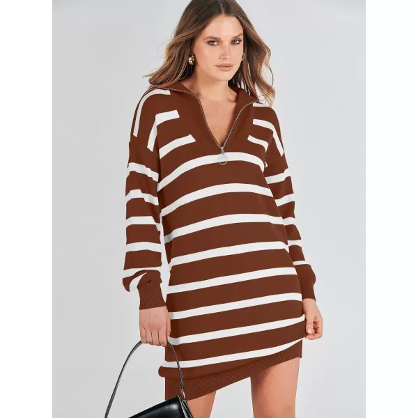 imageANRABESS Womens Casual Striped Sweater Dress Oversized Half Zip Knitted Long Sleeve Loose 2023 Fall Winter Short Mini DressCaramel