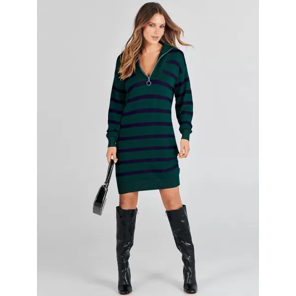 imageANRABESS Womens Casual Striped Sweater Dress Oversized Half Zip Knitted Long Sleeve Loose 2023 Fall Winter Short Mini DressDark Green