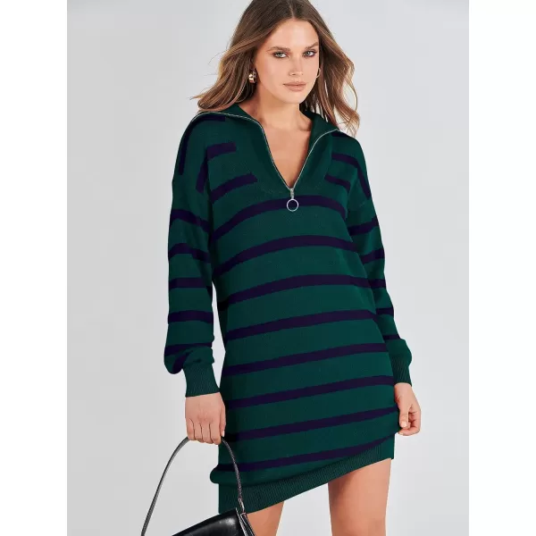 imageANRABESS Womens Casual Striped Sweater Dress Oversized Half Zip Knitted Long Sleeve Loose 2023 Fall Winter Short Mini DressDark Green