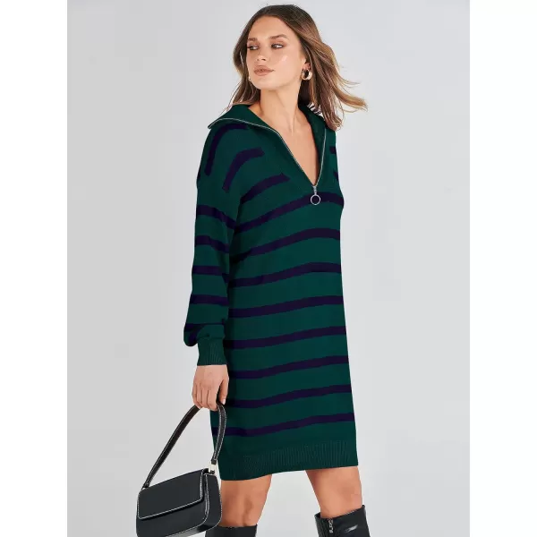 imageANRABESS Womens Casual Striped Sweater Dress Oversized Half Zip Knitted Long Sleeve Loose 2023 Fall Winter Short Mini DressDark Green