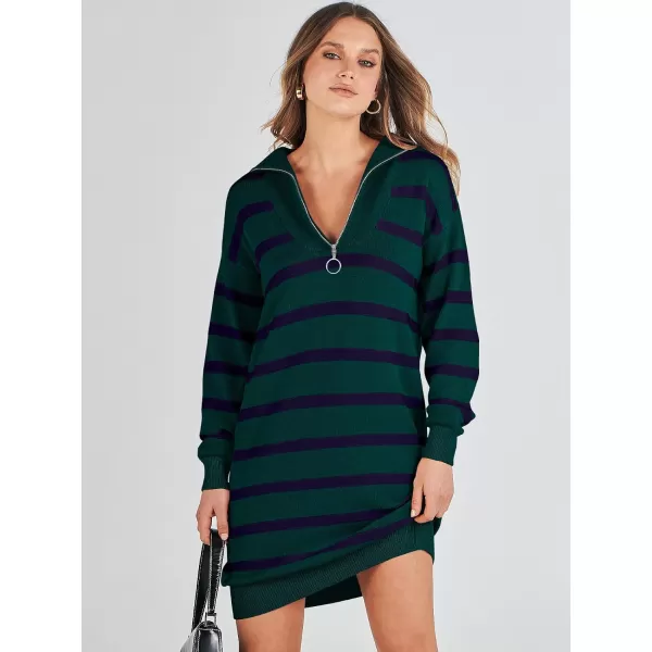 imageANRABESS Womens Casual Striped Sweater Dress Oversized Half Zip Knitted Long Sleeve Loose 2023 Fall Winter Short Mini DressDark Green