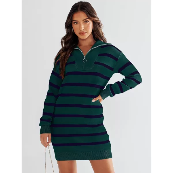 imageANRABESS Womens Casual Striped Sweater Dress Oversized Half Zip Knitted Long Sleeve Loose 2023 Fall Winter Short Mini DressDark Green