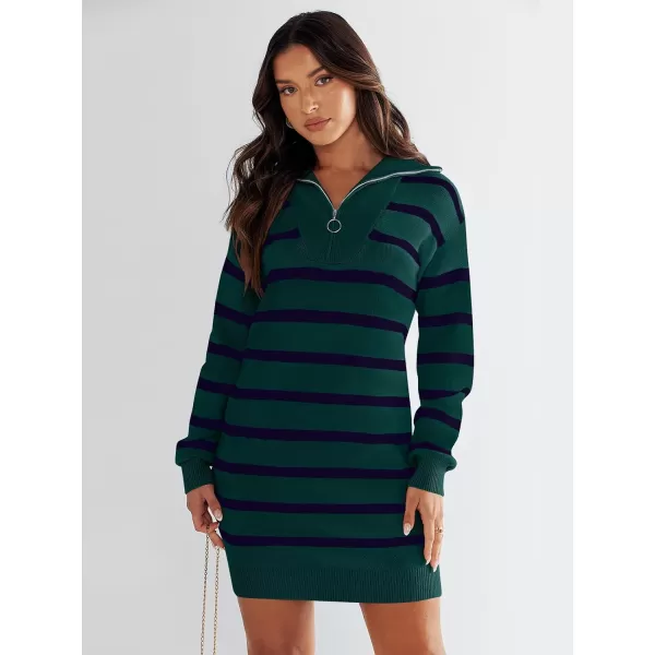 imageANRABESS Womens Casual Striped Sweater Dress Oversized Half Zip Knitted Long Sleeve Loose 2023 Fall Winter Short Mini DressDark Green