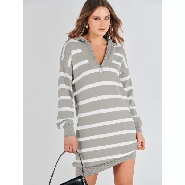 imageANRABESS Womens Casual Striped Sweater Dress Oversized Half Zip Knitted Long Sleeve Loose 2023 Fall Winter Short Mini DressGrey