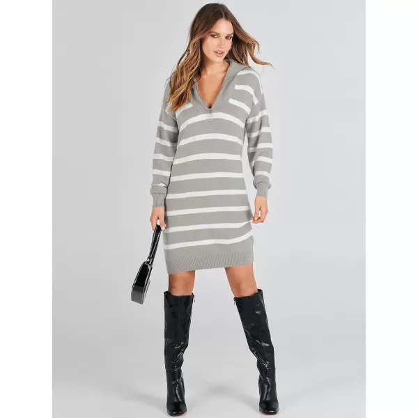imageANRABESS Womens Casual Striped Sweater Dress Oversized Half Zip Knitted Long Sleeve Loose 2023 Fall Winter Short Mini DressGrey