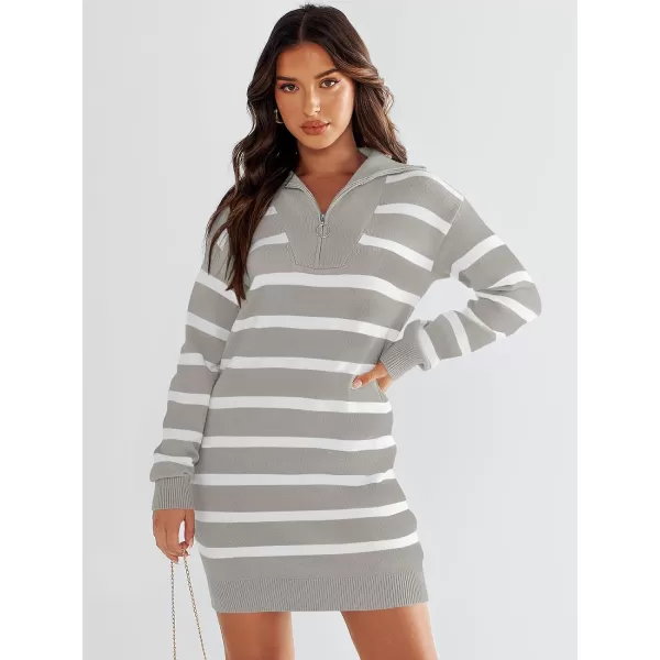 imageANRABESS Womens Casual Striped Sweater Dress Oversized Half Zip Knitted Long Sleeve Loose 2023 Fall Winter Short Mini DressGrey