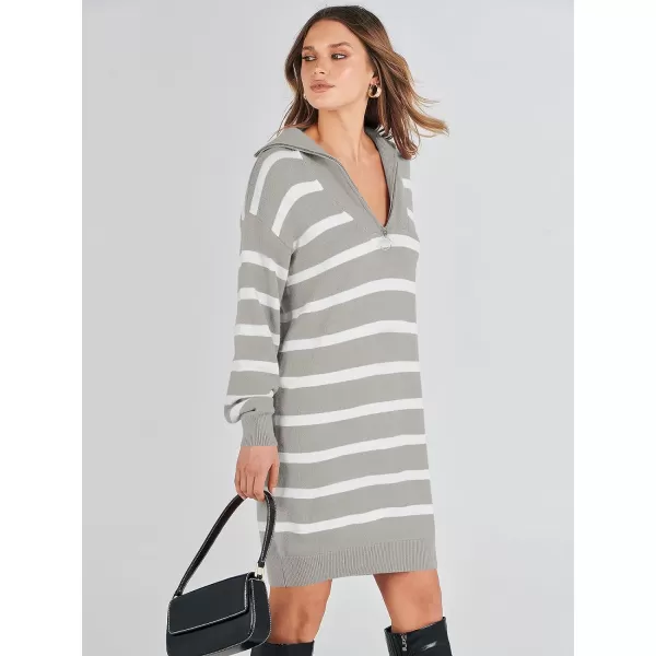 imageANRABESS Womens Casual Striped Sweater Dress Oversized Half Zip Knitted Long Sleeve Loose 2023 Fall Winter Short Mini DressGrey