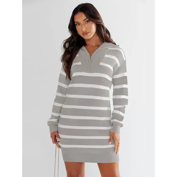 imageANRABESS Womens Casual Striped Sweater Dress Oversized Half Zip Knitted Long Sleeve Loose 2023 Fall Winter Short Mini DressGrey