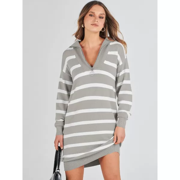 imageANRABESS Womens Casual Striped Sweater Dress Oversized Half Zip Knitted Long Sleeve Loose 2023 Fall Winter Short Mini DressGrey
