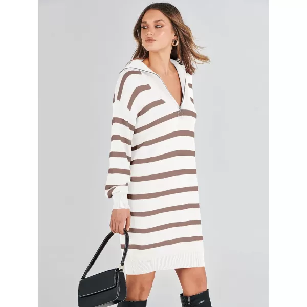 imageANRABESS Womens Casual Striped Sweater Dress Oversized Half Zip Knitted Long Sleeve Loose 2023 Fall Winter Short Mini DressLight Brown
