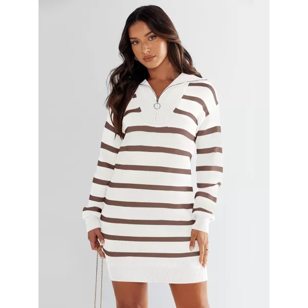 imageANRABESS Womens Casual Striped Sweater Dress Oversized Half Zip Knitted Long Sleeve Loose 2023 Fall Winter Short Mini DressLight Brown