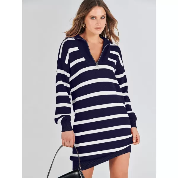imageANRABESS Womens Casual Striped Sweater Dress Oversized Half Zip Knitted Long Sleeve Loose 2023 Fall Winter Short Mini DressNavy Blue