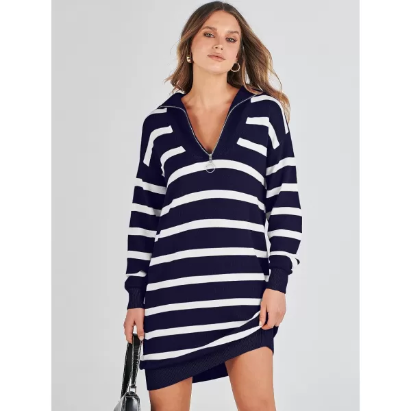 imageANRABESS Womens Casual Striped Sweater Dress Oversized Half Zip Knitted Long Sleeve Loose 2023 Fall Winter Short Mini DressNavy Blue