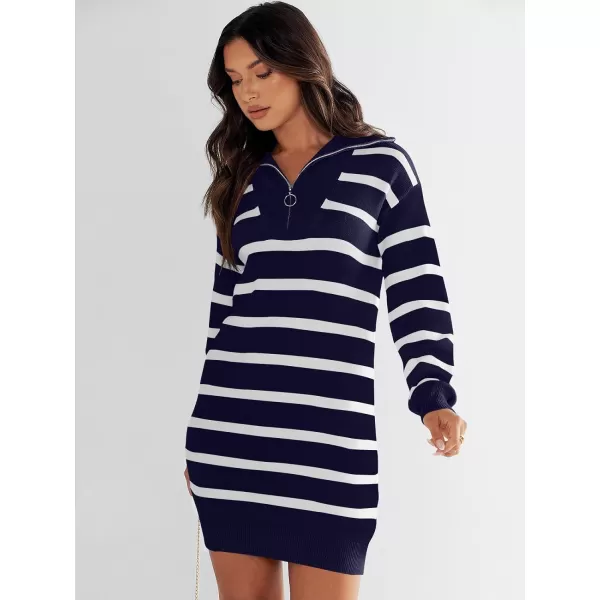 imageANRABESS Womens Casual Striped Sweater Dress Oversized Half Zip Knitted Long Sleeve Loose 2023 Fall Winter Short Mini DressNavy Blue