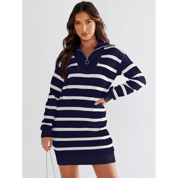 imageANRABESS Womens Casual Striped Sweater Dress Oversized Half Zip Knitted Long Sleeve Loose 2023 Fall Winter Short Mini DressNavy Blue