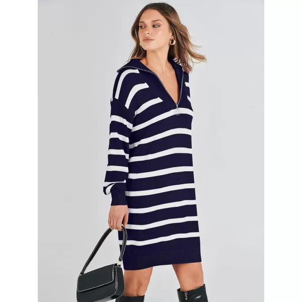 imageANRABESS Womens Casual Striped Sweater Dress Oversized Half Zip Knitted Long Sleeve Loose 2023 Fall Winter Short Mini DressNavy Blue