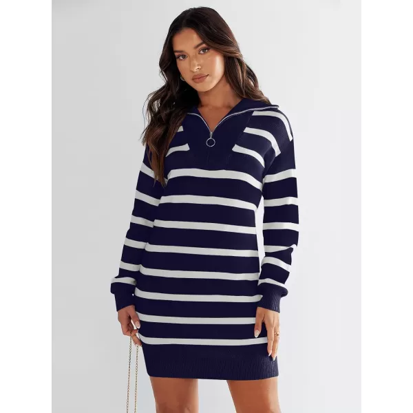 imageANRABESS Womens Casual Striped Sweater Dress Oversized Half Zip Knitted Long Sleeve Loose 2023 Fall Winter Short Mini DressNavy Blue