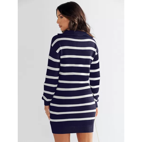imageANRABESS Womens Casual Striped Sweater Dress Oversized Half Zip Knitted Long Sleeve Loose 2023 Fall Winter Short Mini DressNavy Blue