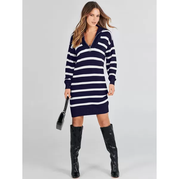 imageANRABESS Womens Casual Striped Sweater Dress Oversized Half Zip Knitted Long Sleeve Loose 2023 Fall Winter Short Mini DressNavy Blue