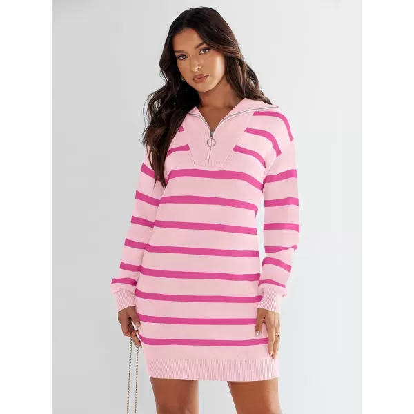 imageANRABESS Womens Casual Striped Sweater Dress Oversized Half Zip Knitted Long Sleeve Loose 2023 Fall Winter Short Mini DressPink