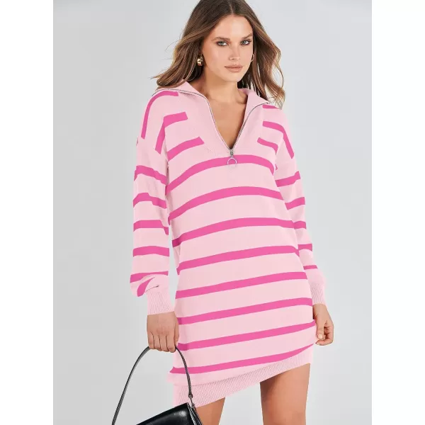 imageANRABESS Womens Casual Striped Sweater Dress Oversized Half Zip Knitted Long Sleeve Loose 2023 Fall Winter Short Mini DressPink