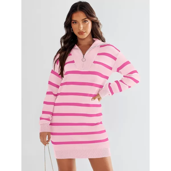 imageANRABESS Womens Casual Striped Sweater Dress Oversized Half Zip Knitted Long Sleeve Loose 2023 Fall Winter Short Mini DressPink