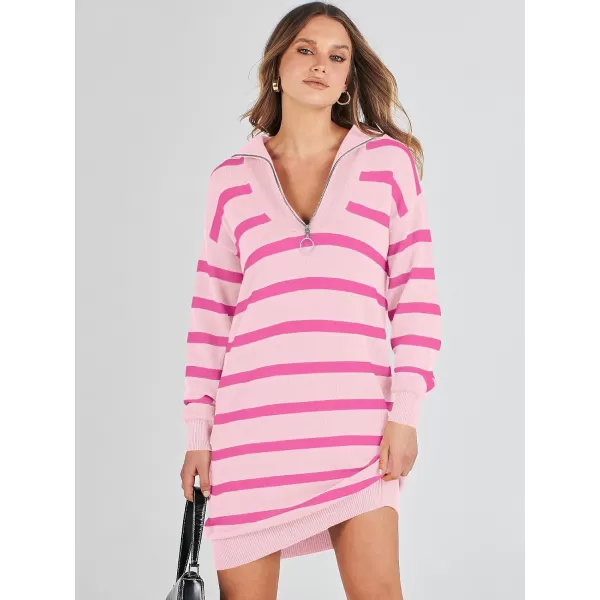 imageANRABESS Womens Casual Striped Sweater Dress Oversized Half Zip Knitted Long Sleeve Loose 2023 Fall Winter Short Mini DressPink