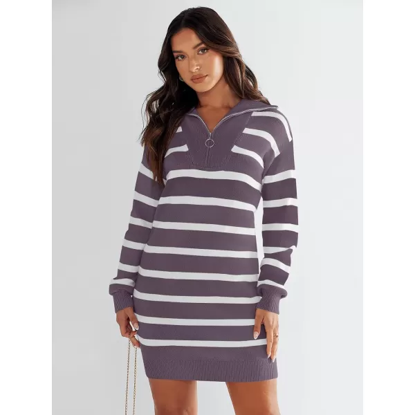 imageANRABESS Womens Casual Striped Sweater Dress Oversized Half Zip Knitted Long Sleeve Loose 2023 Fall Winter Short Mini DressPurple