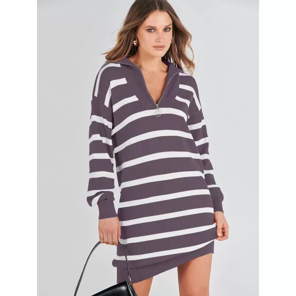 imageANRABESS Womens Casual Striped Sweater Dress Oversized Half Zip Knitted Long Sleeve Loose 2023 Fall Winter Short Mini DressPurple