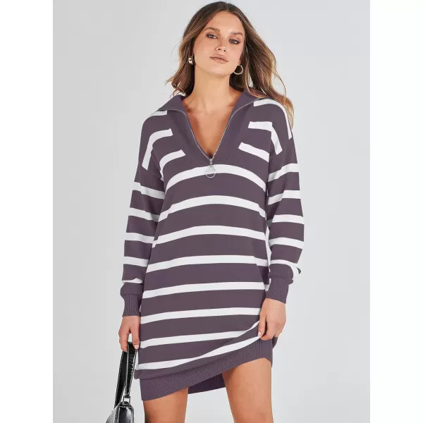 imageANRABESS Womens Casual Striped Sweater Dress Oversized Half Zip Knitted Long Sleeve Loose 2023 Fall Winter Short Mini DressPurple