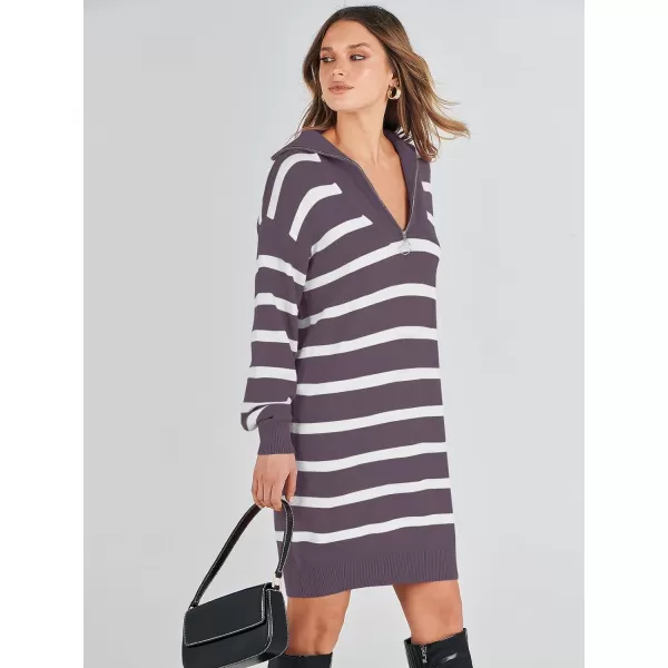 imageANRABESS Womens Casual Striped Sweater Dress Oversized Half Zip Knitted Long Sleeve Loose 2023 Fall Winter Short Mini DressPurple