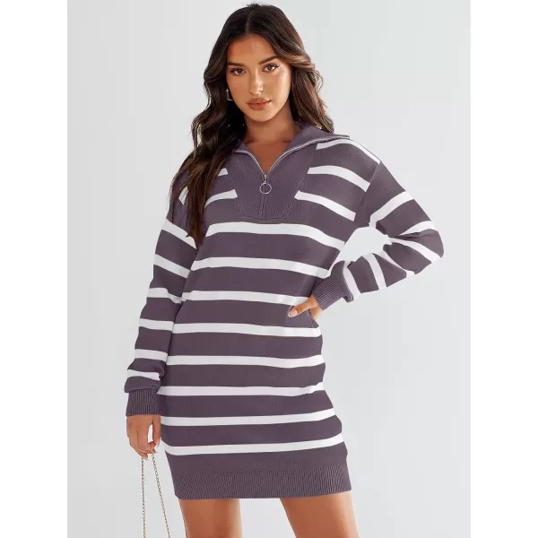 imageANRABESS Womens Casual Striped Sweater Dress Oversized Half Zip Knitted Long Sleeve Loose 2023 Fall Winter Short Mini DressPurple