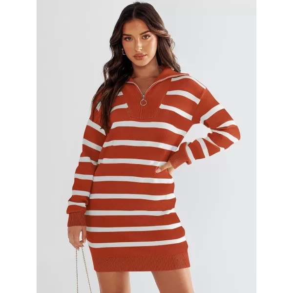 imageANRABESS Womens Casual Striped Sweater Dress Oversized Half Zip Knitted Long Sleeve Loose 2023 Fall Winter Short Mini DressRust