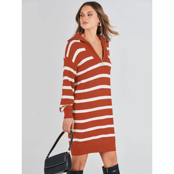 imageANRABESS Womens Casual Striped Sweater Dress Oversized Half Zip Knitted Long Sleeve Loose 2023 Fall Winter Short Mini DressRust