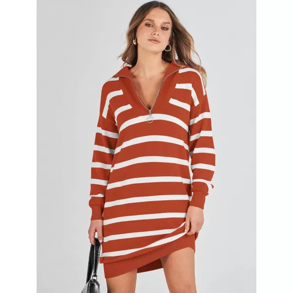 imageANRABESS Womens Casual Striped Sweater Dress Oversized Half Zip Knitted Long Sleeve Loose 2023 Fall Winter Short Mini DressRust