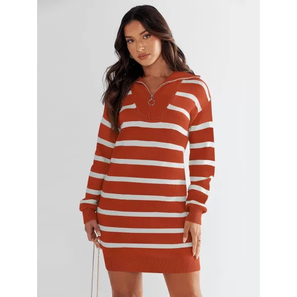 imageANRABESS Womens Casual Striped Sweater Dress Oversized Half Zip Knitted Long Sleeve Loose 2023 Fall Winter Short Mini DressRust
